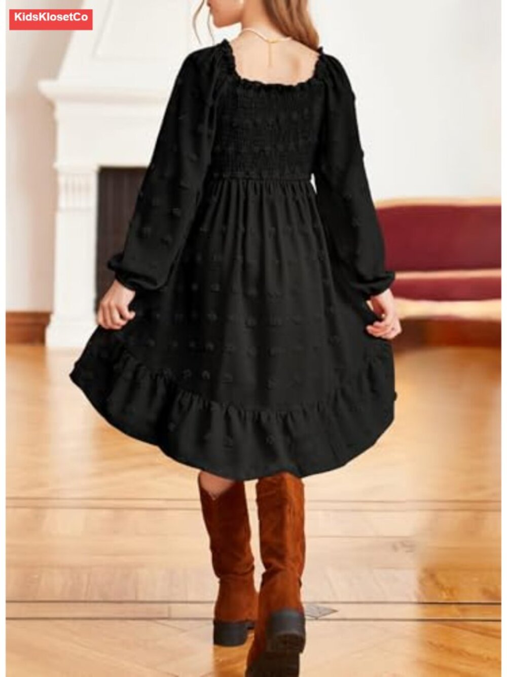 Girls Vintage Polka Dot Chiffon Dress Long Sleeve Ruffled Square Neck Tiered - Picture 2 of 6